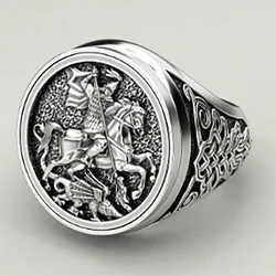 Punkboy Unique Men's Domineering Knight Horse Dragon Craved Geometric Pattern Metal Ring for Party Jewelry Size 6-13