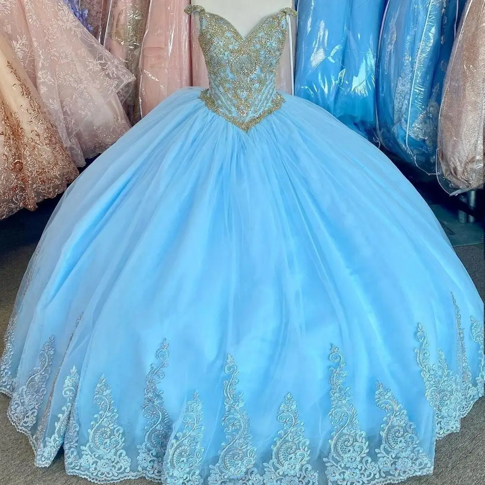 Light Blue vestidos de 15 años 2021Puffy  Quinceanera Dress Lace Off the Shoulder Sweet 16 Dress Long Prom Gowns Lace-Up Quince