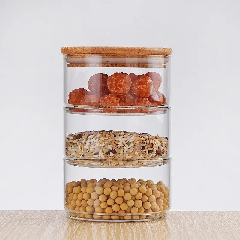 Handmade 1200ml 3-layer Borosilicate Glass Jar Kitchen Food Bulk Container Set For Spices Dried Fruit Storage Can Salad Bowl Box