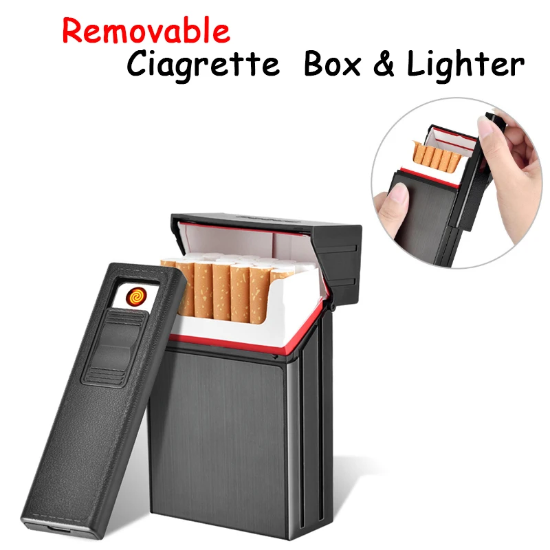 

1pcs Outdoor Windproof Ciagrette Holder Box with Removable USB Electronic Lighter Flameless Tobacco Cigarette Case Lighter