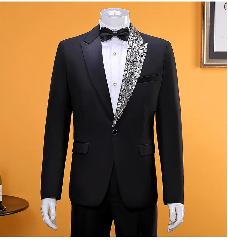 Fashion Men's Black Slim Suit Rhinestones Collar Blazer Pants 2 Pieces Set Evening Singer Host Stage  Photographic Studio Suits