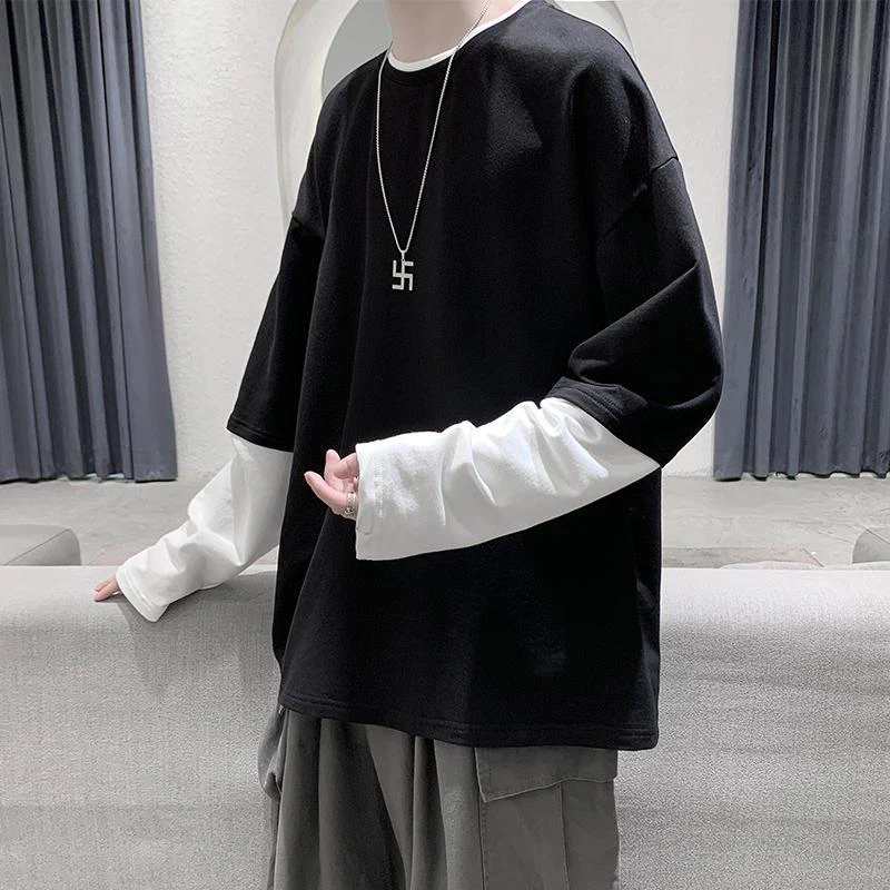 Autumn Summer Fake Two Long Sleeve Men Tshirts Fashion Trend Korean Style Loose Tops Oversized All-match Spliced Twice Clothing