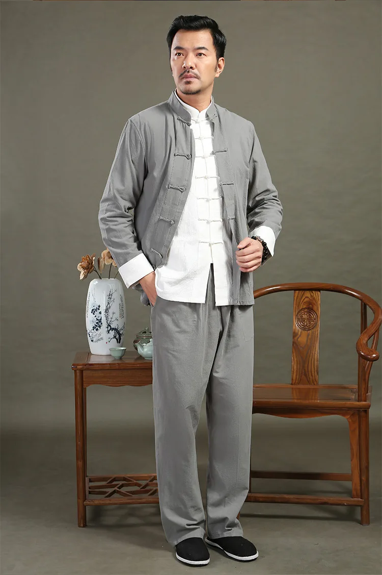 Ropa tradicional china para hombre, uniforme de Kung Fu y Tai Chi de lino sólido, Retro, talla grande, traje informal de manga larga Hanfu Tang, 3