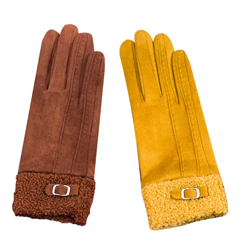 Winter Suede Leather Internal Plush Thicken Touch Screen Driving Gloves Woman\'s Outdoor Riding Belt Embroidery Warm Gloves R28