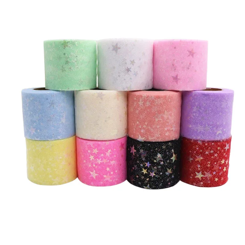 25yard Silver star Printed Tulle Cherry Blossom Mesh Fabric Rainbow Color Ribbon DIY Handmade Craft Ornament Material Supplies