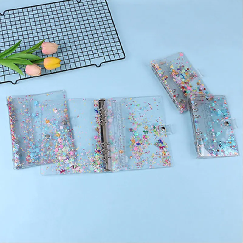 A5/A6 Cute Transparent PVC Glitter Sequins Notebook Cover Office School 6 Rings Binder Spiral Planner Agenda Organizer Notebooks