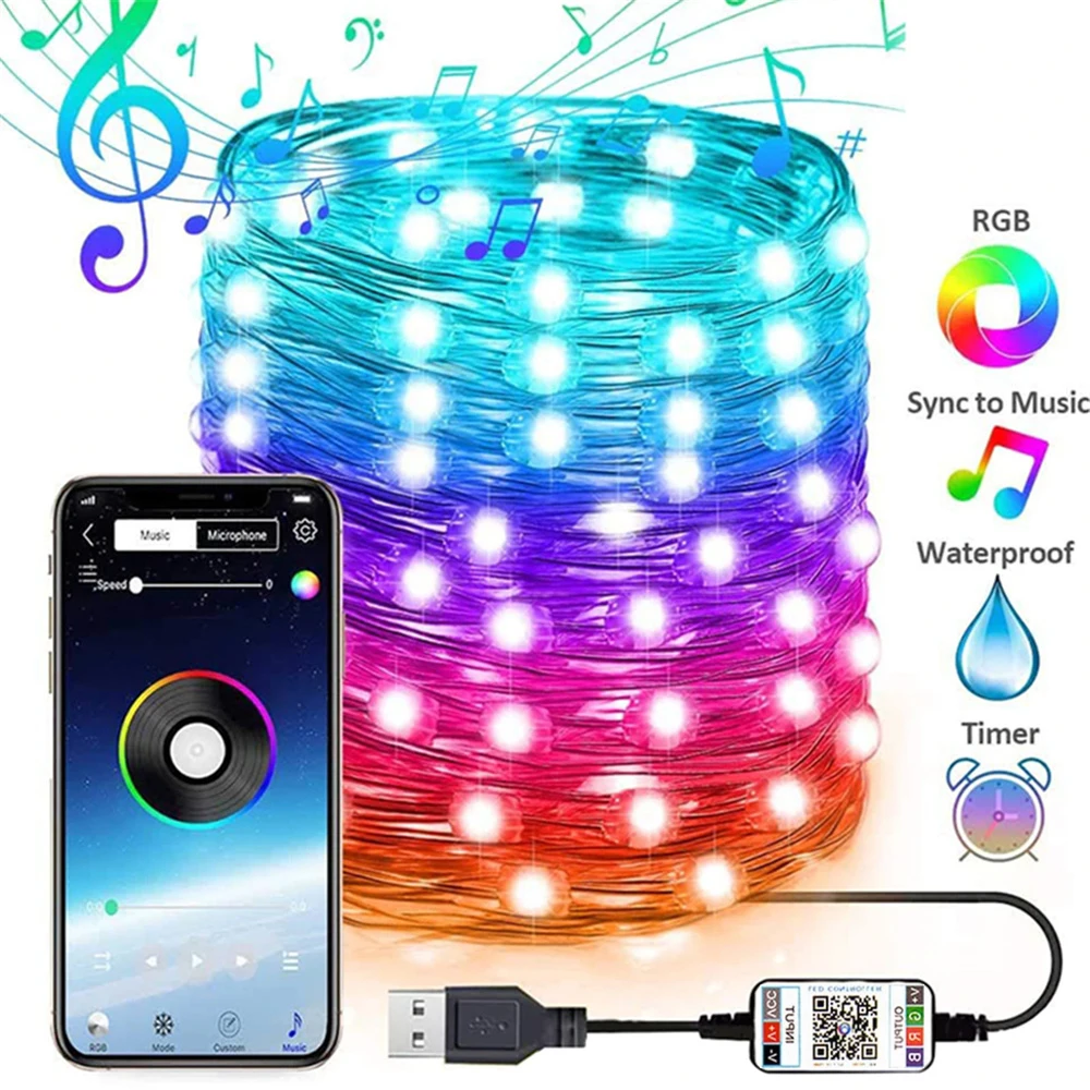 USB 200 LED String Light Bluetooth App Control String Lights Lamp Waterproof Outdoor Fairy Lights for Christmas Tree Decoration
