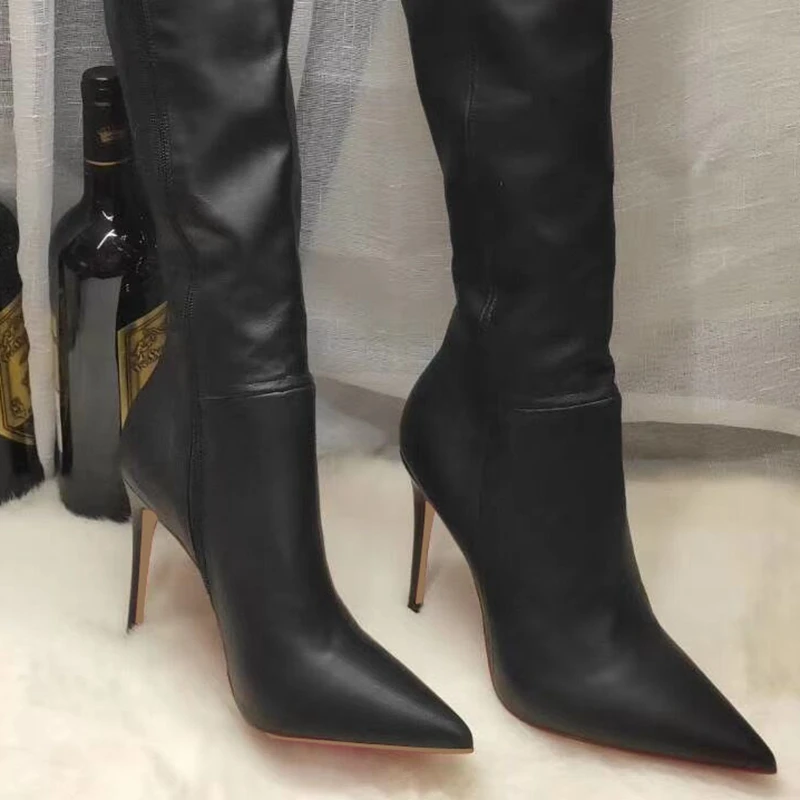 2022 Women Classic Black and White Leather Over The Knee Fashion Stiletto Heels Pointed Toe Side Zipper Lady Long Boots