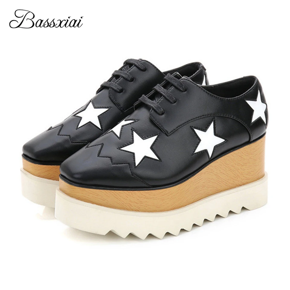 

British Style Five-Pointed Star Casual Shoes Woman Little Square Toe Lace-Up High Increasing Flat Platform Women Shoes