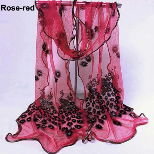 Women Fashion Peacock Flower Embroidered Lace Scarf Long Soft Wrap Shawl Stole Long Scarves Beach Cover-ups