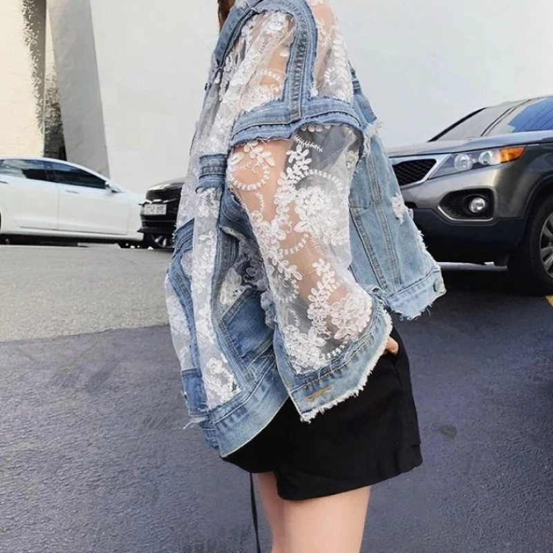 Autumn Streetwear Fashion Embroidery Lace Patchwork Sexy Denim Jacket Women\'s Wear Tassel Loose Denim Jacket