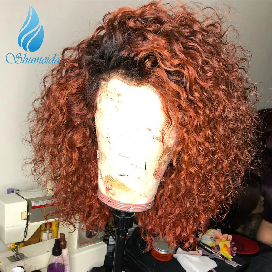 Shumeida Ombre Orange Color T Part Lace Wig Peruvian Remy Human Hair Wigs Curly Short Bob Glueless Wigs With Baby Hair