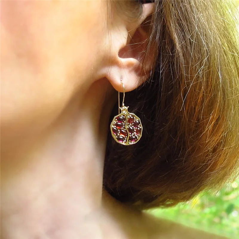 Vintage Round Gold Color Natural Red Garnet Earrings For Woman Girl  Stone Dangle Drop Earrings Gift