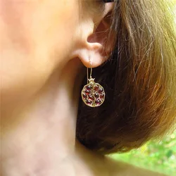 Vintage Round Gold Color Natural Red Garnet Earrings For Woman Girl Stone Dangle Drop Earrings Gift