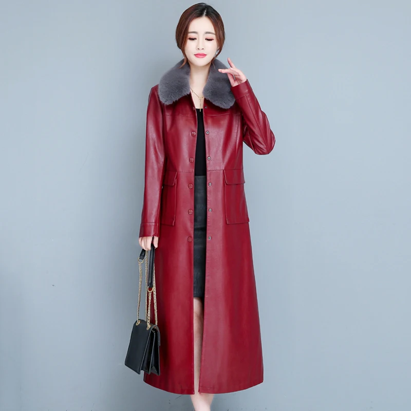 New Leather Coat Autumn Winter 2023 Fashion Warm Detachable Fur Collar Plus Cotton Liner Thick Slim Sheepskin Leather Overcoat