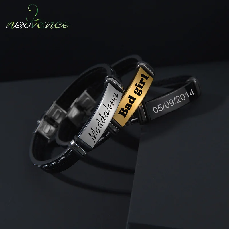 Nextvance Fashion Customized Letter Name Bracelet PU Leather Stainless Steel Personalised Chain Bangles Family Girl Jewelry Gift