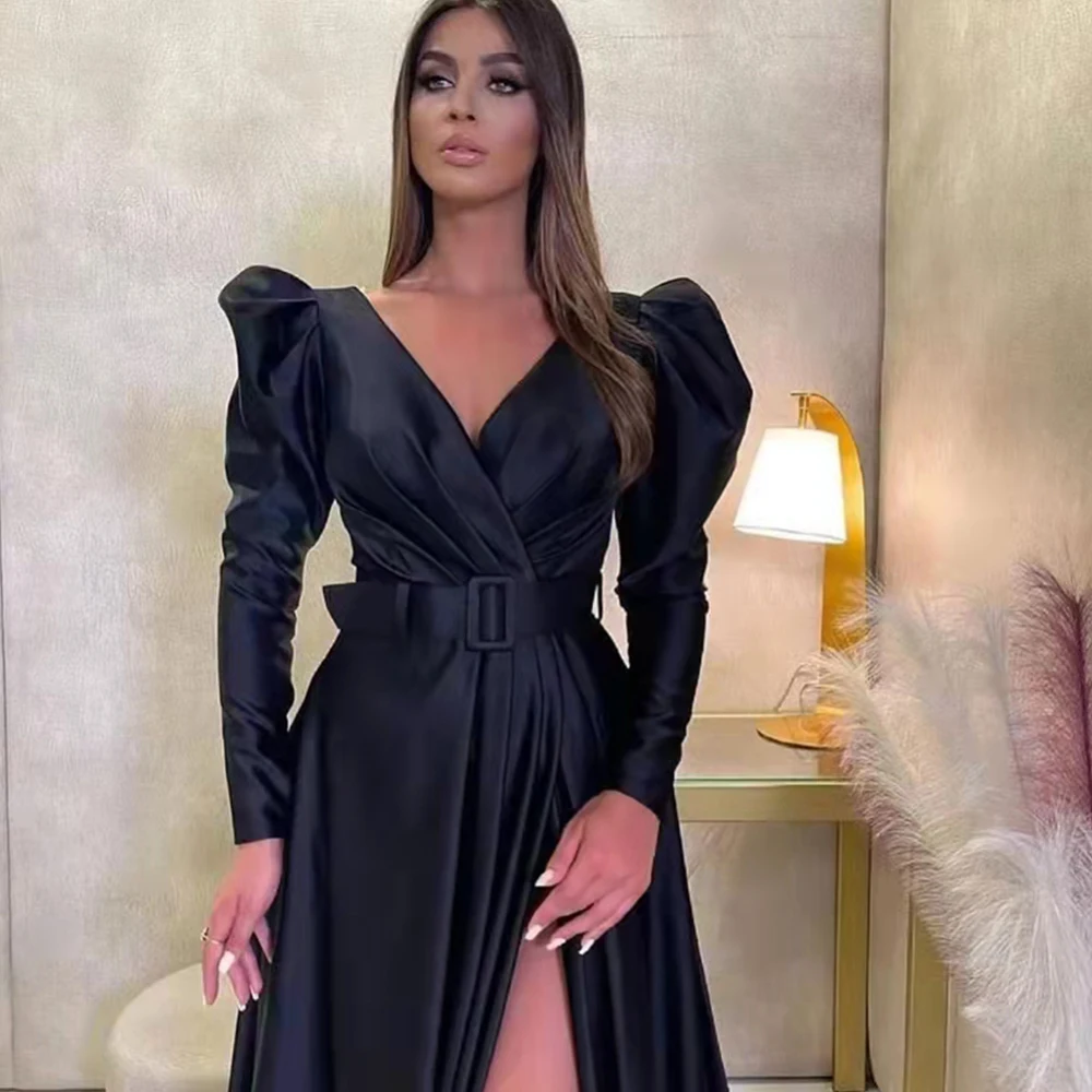 Saudi-arabien Satin Prom Kleider 2021 Frauen Formale Party Nacht Robe De Soiree V Neck Volle Hülsen A-linie Hohe Schlitz abendkleider