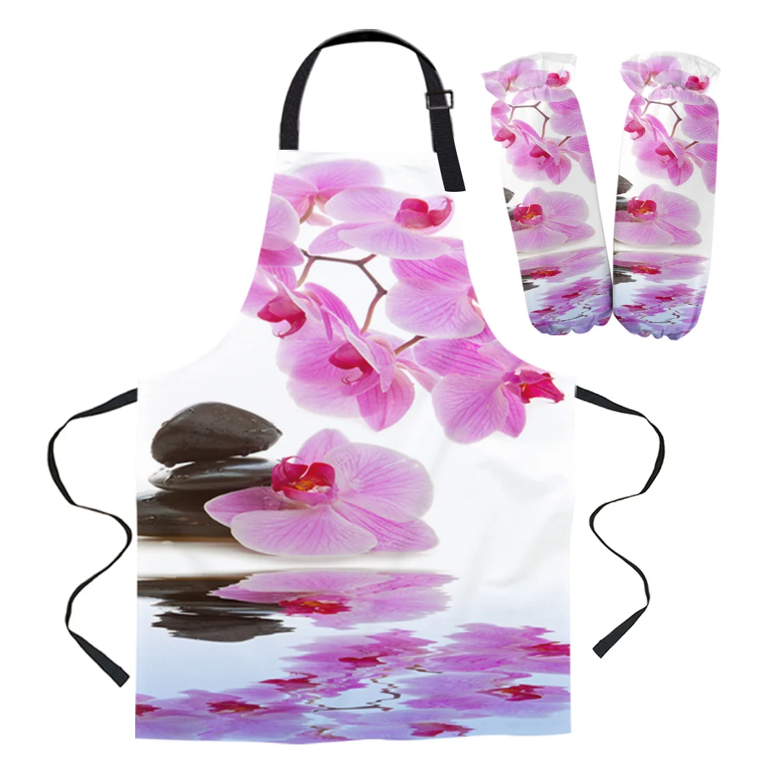 꽃 분홍색 난초 반사 부엌 앞치마 여자 아이를위한 요리사 홈 장식 앞치마 양복 장갑 요리 베이킹 허리 턱받이 도구 