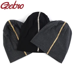 Geebro metal Rhinestones Slouchy Skullies Beanies For Women Female Autumn Bonnets Caps Winter Cotton Stretch Casual Hats