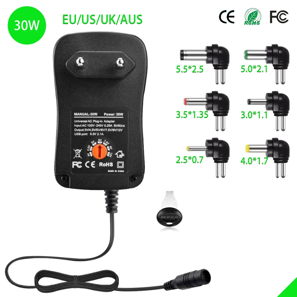 Caricabatterie adattatore universale 30W 3V 4.5V 5V 6V 7.5V 9V 12V 2a 2,5 a adattatore ca/cc adattatore di alimentazione regolabile