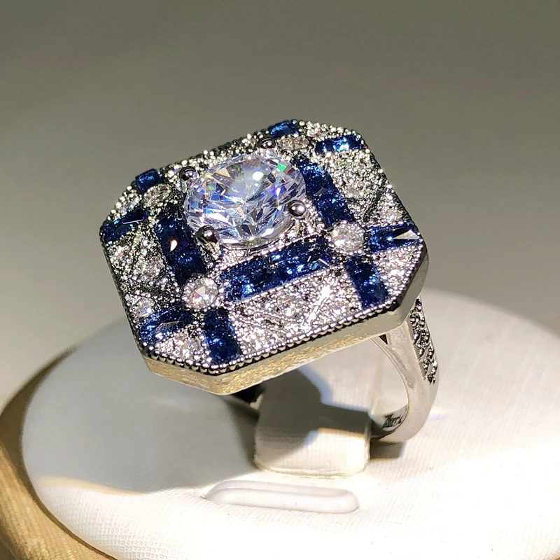 925 prata de luxo geometria grandes anéis para homens mulher azul branco zircão anel de noivado birthstone safira anel