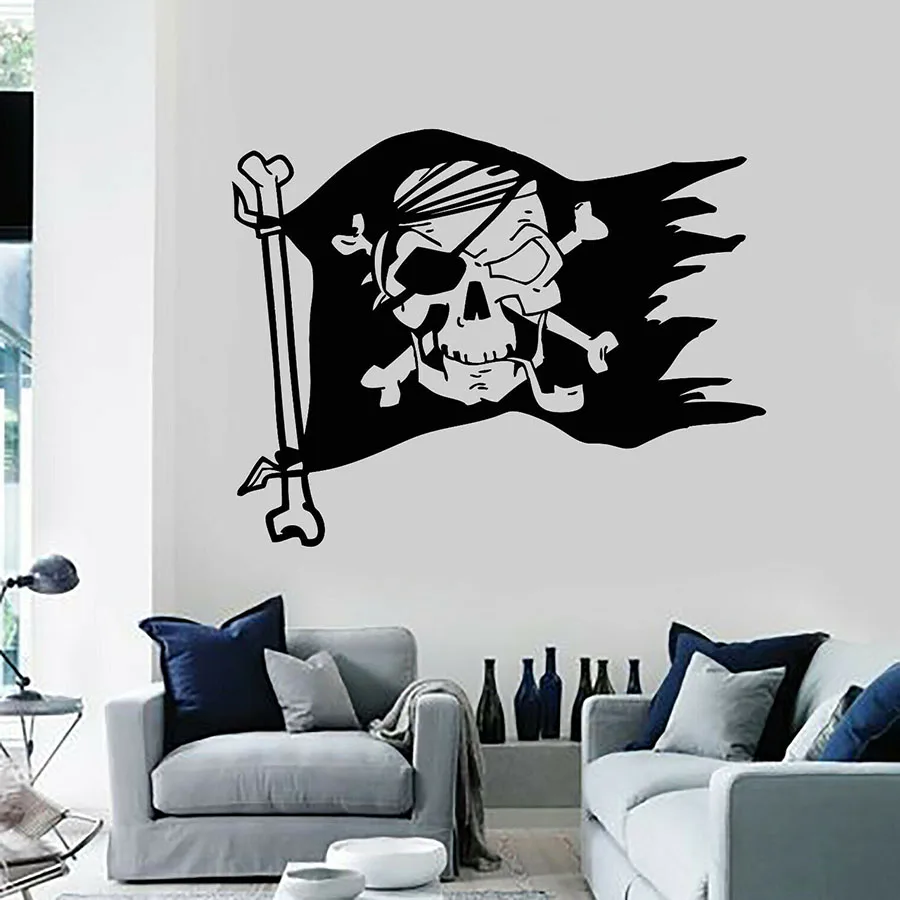 Pirate Flag Wall Decal Symbols Skull Bones Sea Bandits Cool Style Vinyl Stickers Nursery Kids Boys Bedroom Home Decor S1298