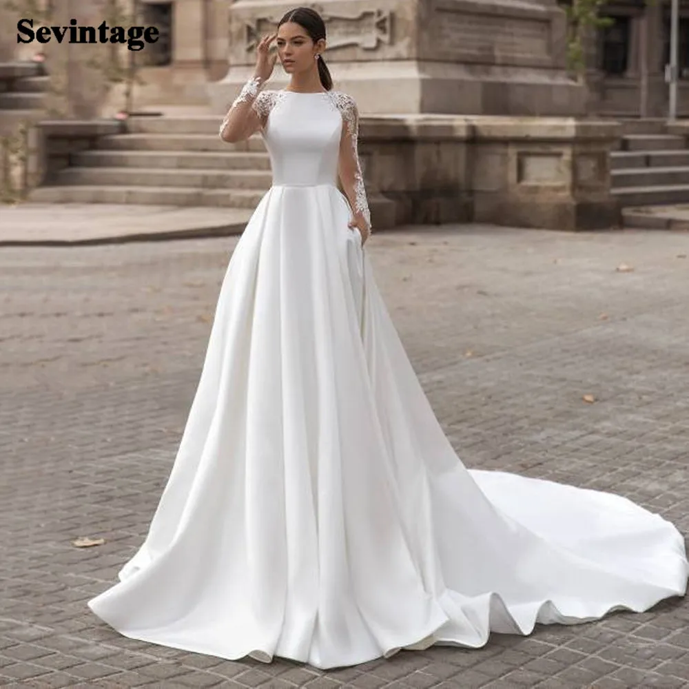 Bianco A Line abiti da sposa Boho morbido raso abiti da sposa da spiaggia o-collo pizzo abiti da festa principessa maniche lunghe abito da sposa 2021