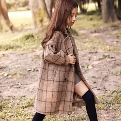 High Quality New Spring Winter Teenager Girls  Warm Thicken Woolen Long Coat Khaki Plaid Trench Jackets Children Outerwear Parka