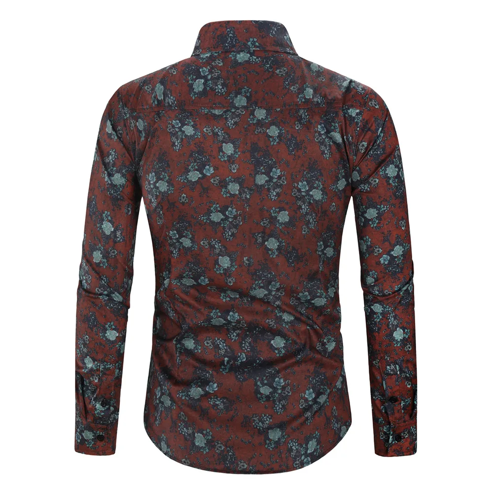 Men\'s Long-Sleeved Shirt Lapel Single-Breasted Retro Printed Cotton Polyester Blended Flowers Slim Fit Male For Casual Shirt