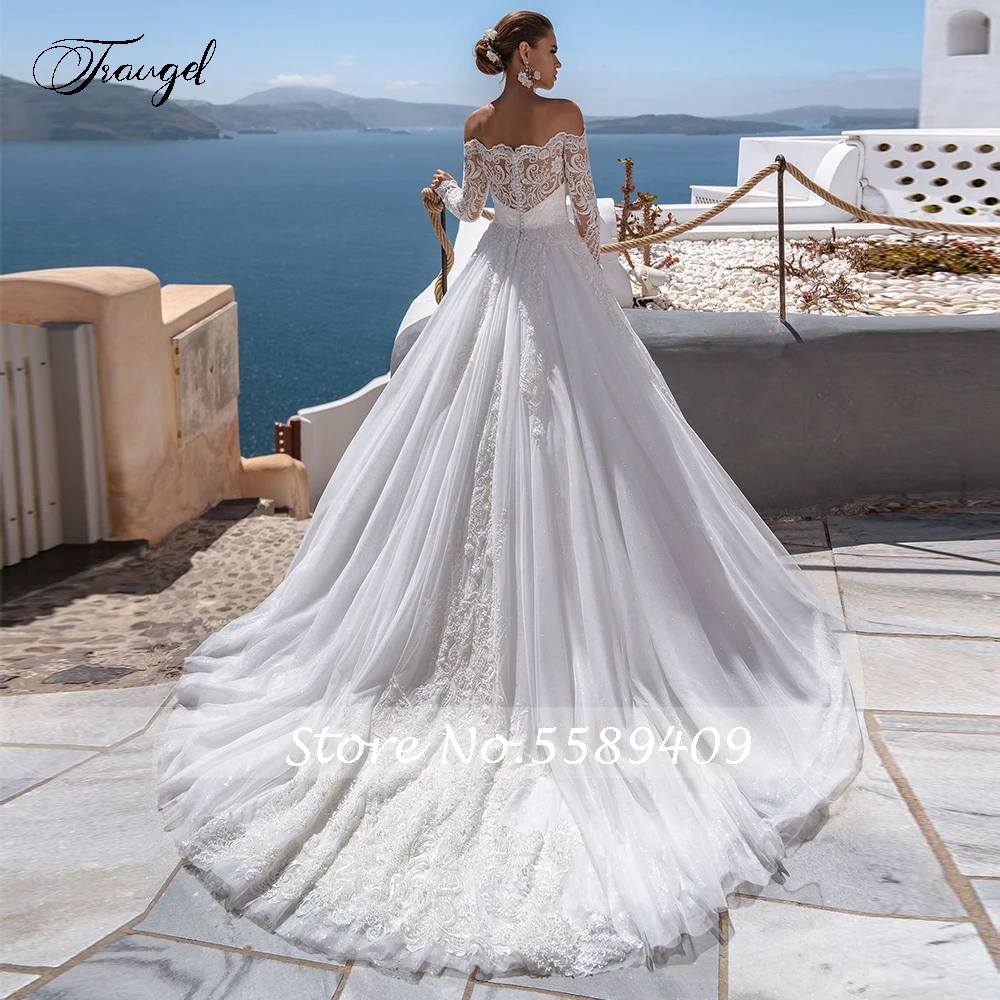 Traugel Boat Neck A Line Lace Wedding Dresses Delicate Applique Long Sleeve Button Bride Dress Court Train Bridal Gown