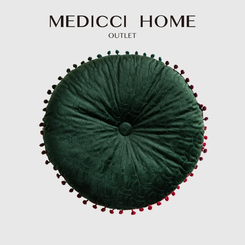 Medicci Home Tatami Floor Cushion With Tassel Retro Green Velvet Fish Scale Wave Quilted Round Pillow Living Room Balcony Decor