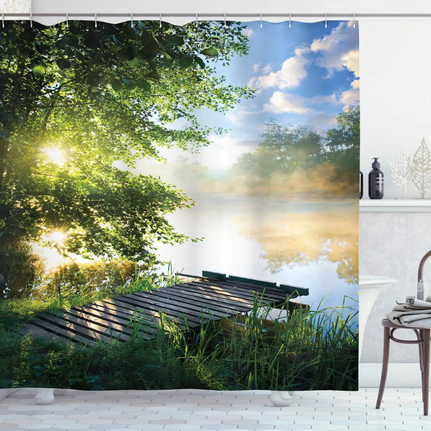 

Landscape Shower Curtain Fishing Pier by River in The Morning with Clouds and Trees Nature Image Cloth Bathroom Decor Set