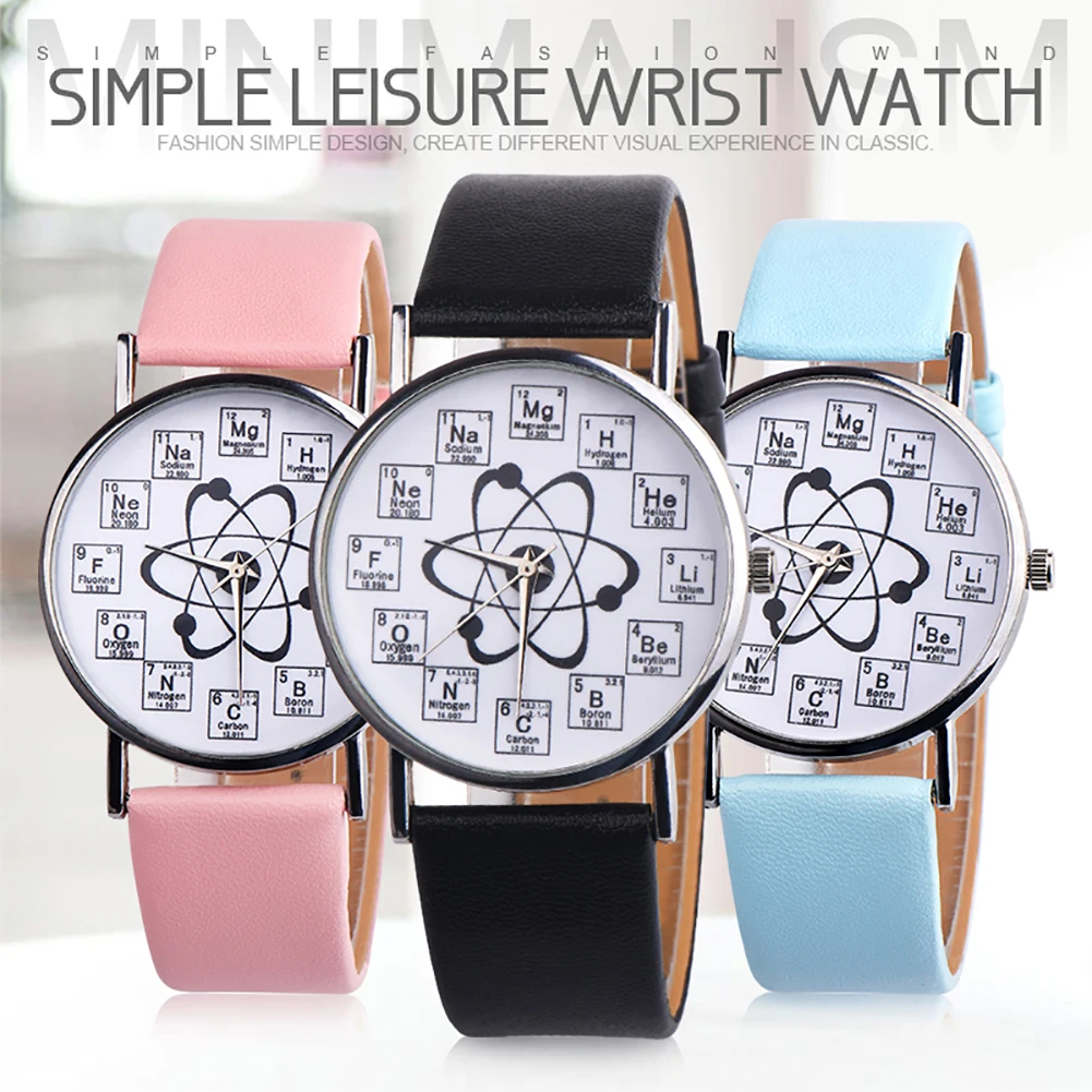 

Fashion Women Watches Creative Design Chemical Element Markers Molecule Pattern Dial Analog Quartz Wristwatches Leather Band