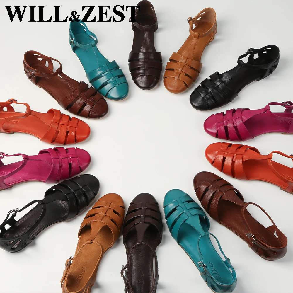 leather sole cow hide leather shoes for women summer flats sandals buckle T straps for laidies