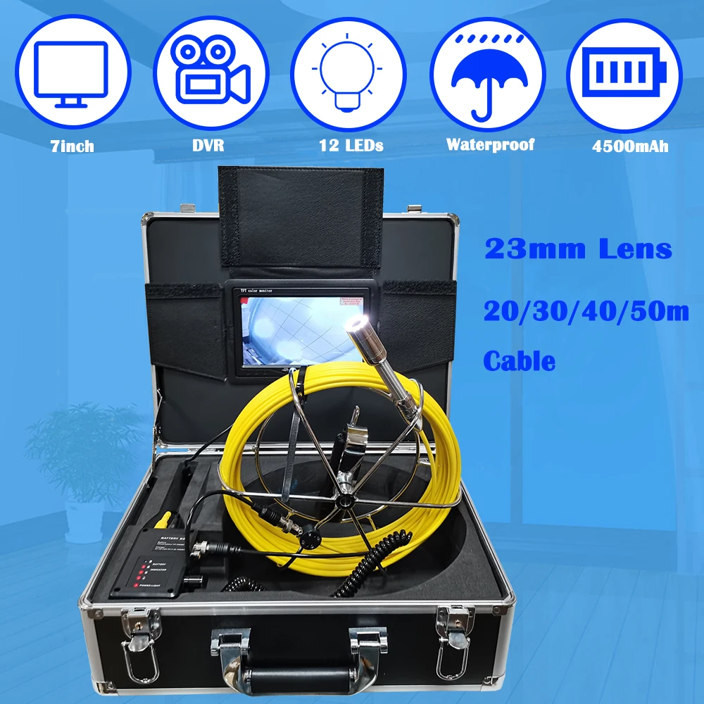 DVR Recorder 23mm Mini Endoscope Video Camera 7inch 1000TVL Waterproof Pipe Inspection Drain Sewer System 20m/30m/40m/50m Cable