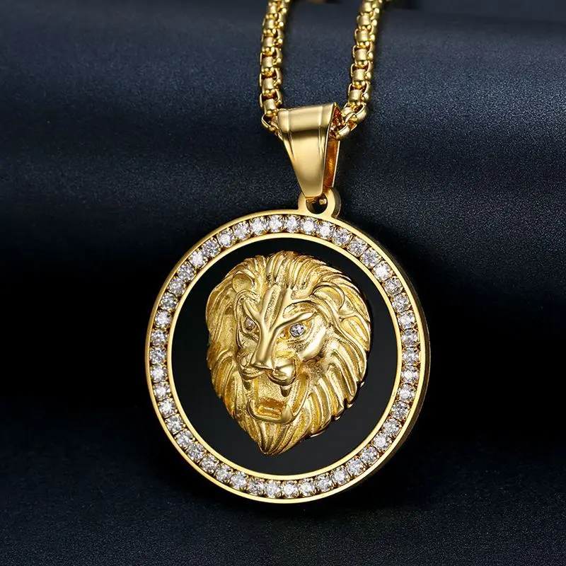 Hip Hop Rhinestones Paved Bling Iced Out Gold Silver Color Stainless Steel Lion Round Pendants Necklaces for Men Rapper Jewelry