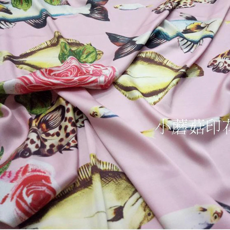 Italy D brand fish printed stretch satin soft women\'s summer fashion polyester DIY clothing fabric cloth for dress sewing