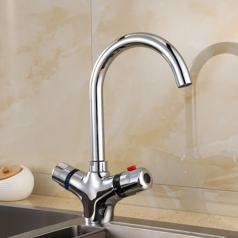 Flexible Thermostatic Faucet for Basin/Kitchen 360 Degree Rotatable Bathroom Mixing Tap Deck Mounted Brass Thermostatic Mixer