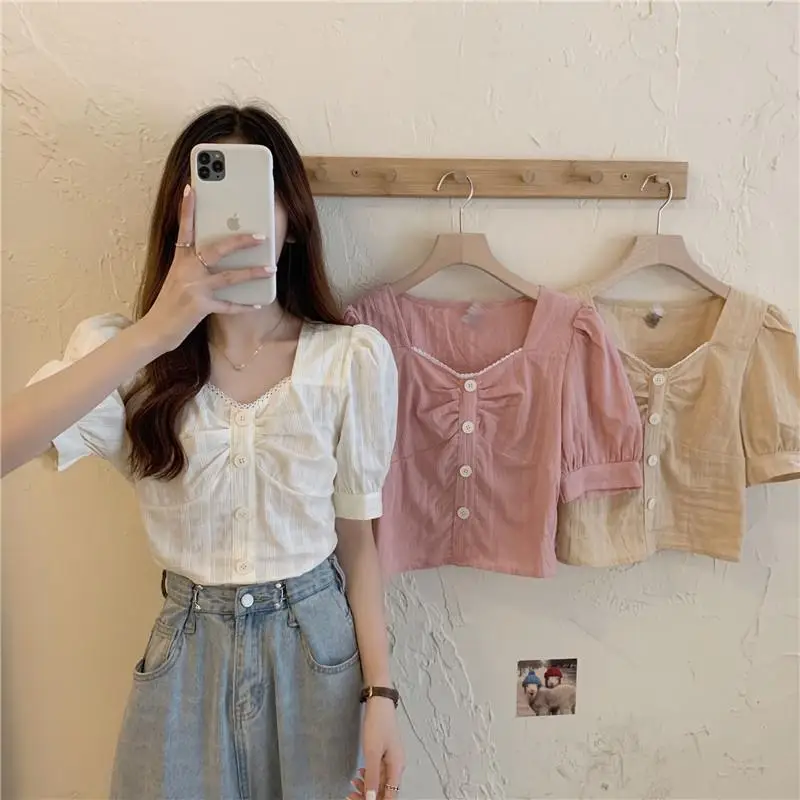 Blouses Women Summer Solid Simple Tops Students Sweet French Style Fashion New Button All-match Leisure Holiday Soft Puff-sleeve