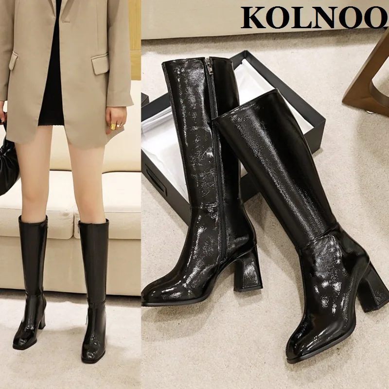 

Kolnoo New Handmade 8cm Chunky Heel Half Boots Patent Leather Five Colors Party Prom Mid-calf Boots Evening Fashion Winter Shoes