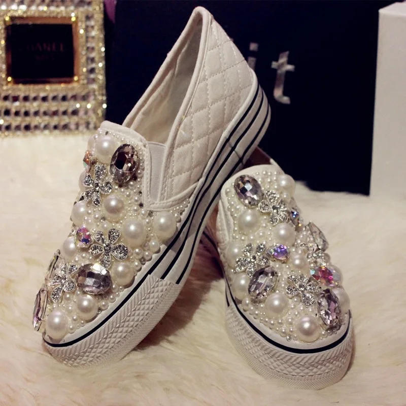 

Original small white shoes women's full pearl one-step lazy rhinestone shallow mouth canvas single shoes casual flat bottom shoe