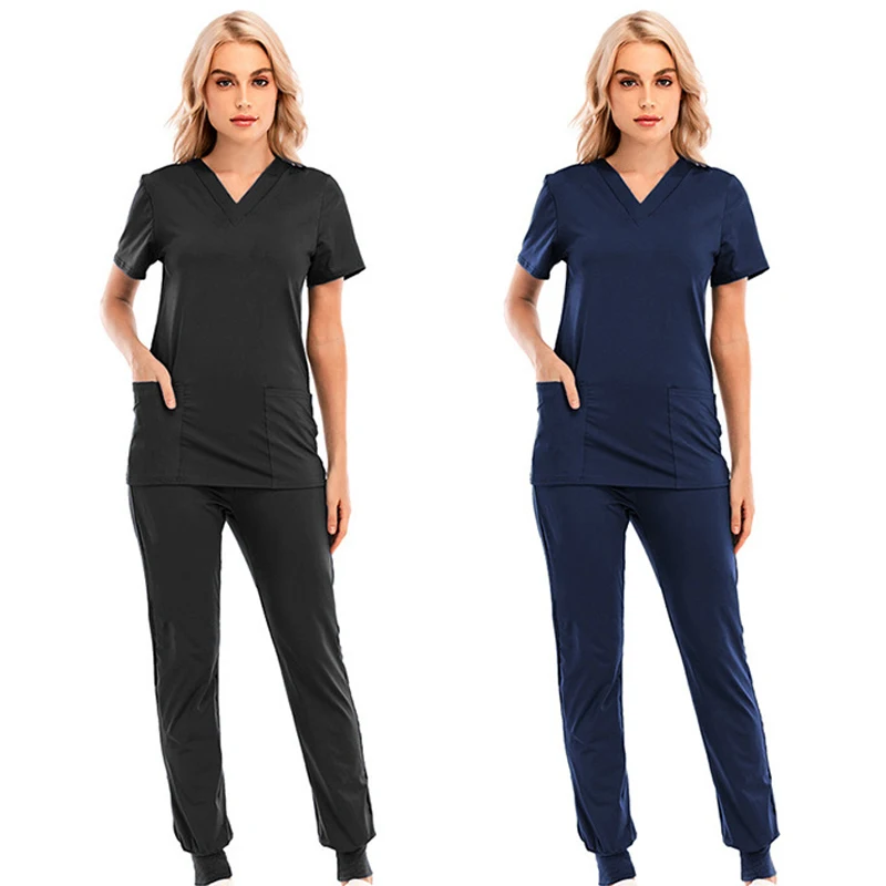 S-2XL 9 Farben Solide V-ausschnitt Tasche Peeling Krankenhaus Uniform Set Frauen Chirurgische Scrubs Jogger Top Hosen Anzüge