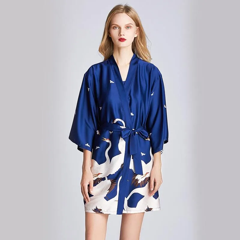 Women Robe Kimono Bathrobe Navy Blue Print Nightgown Sleepwear Silky Soft Satin Nightwear Sexy Short Nightdress Casual Homewear