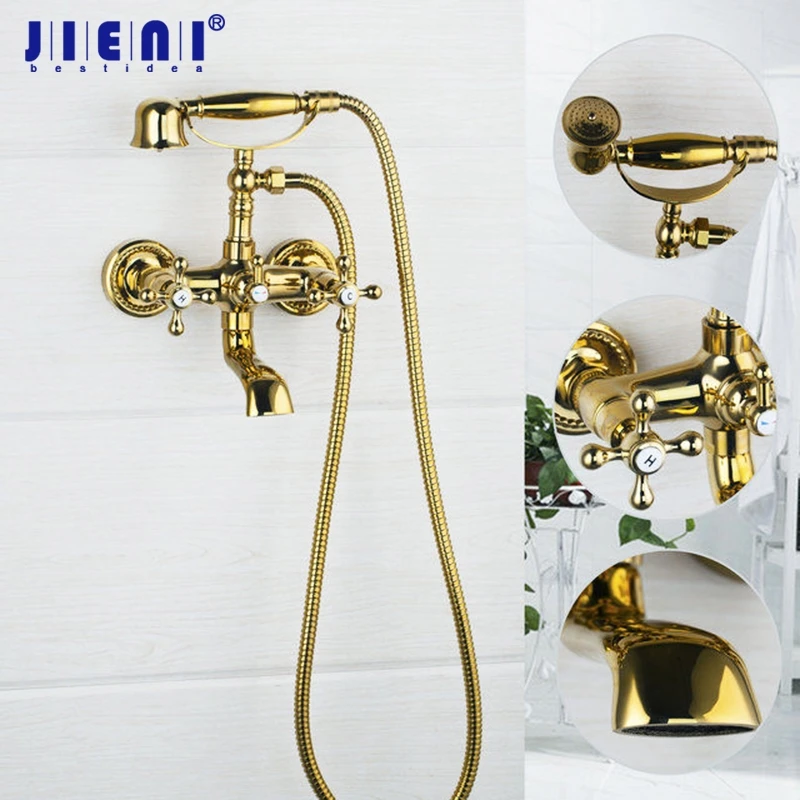 

JIENI Luxury Wall Mounted Double Handles Polished Golden Shower Bathroom Basin Sink Bathtub Shower Tap Mixer Faucet