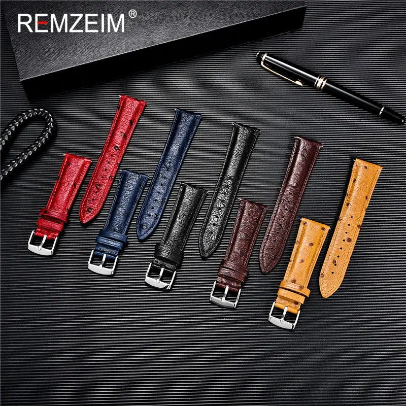 REMZEIM 18mm 20mm 22mm Watch Strap Cow Leather Vintage Ostrich Pattern Watchband Comfortable To Wear Quick Release Straps