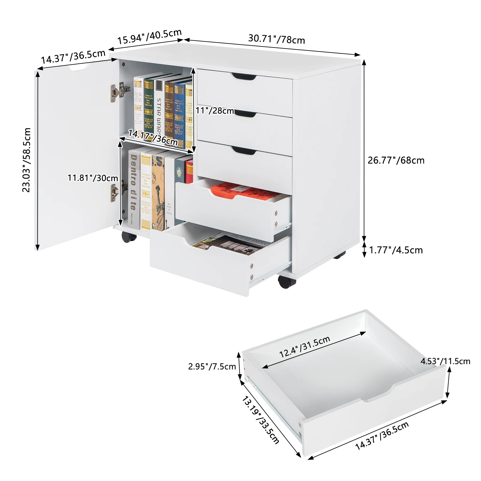 PVC Wooden Filing Cabinet 78x40.5x68CM Single Door 5 Drawers MDF White[US-Stock]