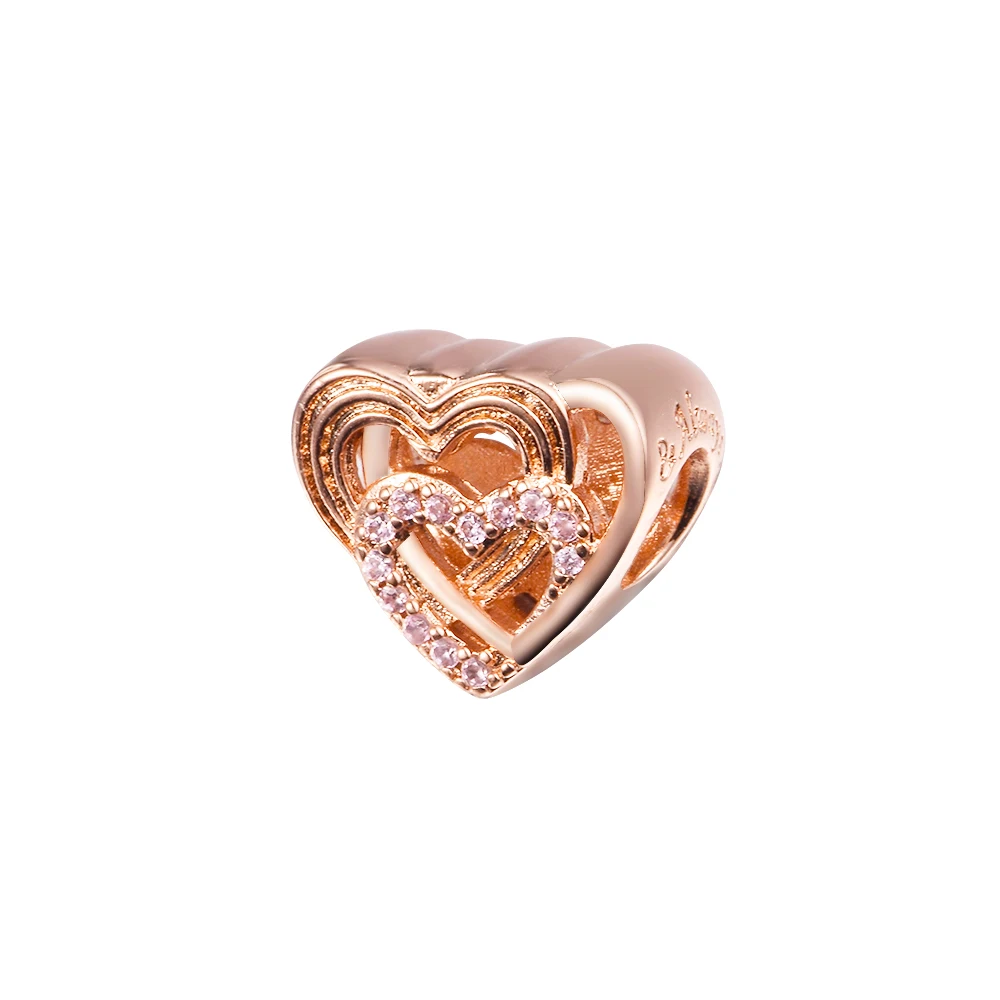 Original Rose Gold Intertwined Love Hearts Charm Fits European Beaded Bracelets Woman DIY Fashion Silver Beads