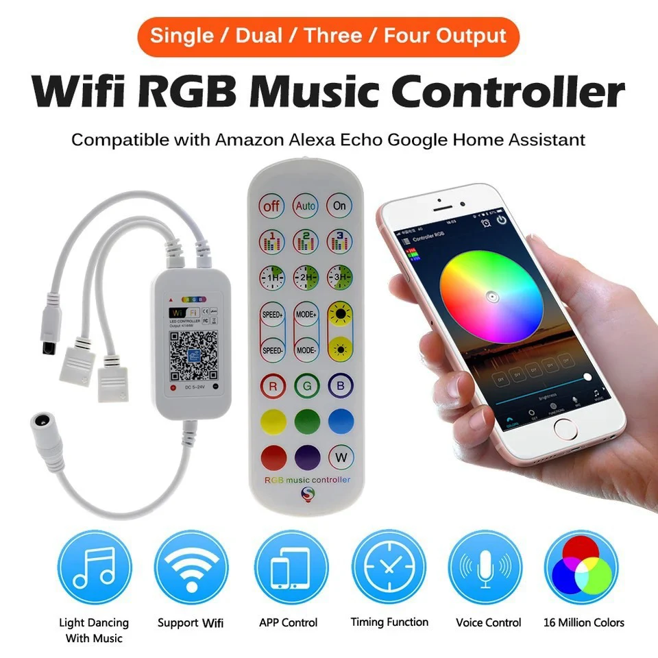 DC5-24V Wifi Music RGB Controller Dual Output 24key IR Remote Control For WS2812B WS2811 SK6812 LED Strip