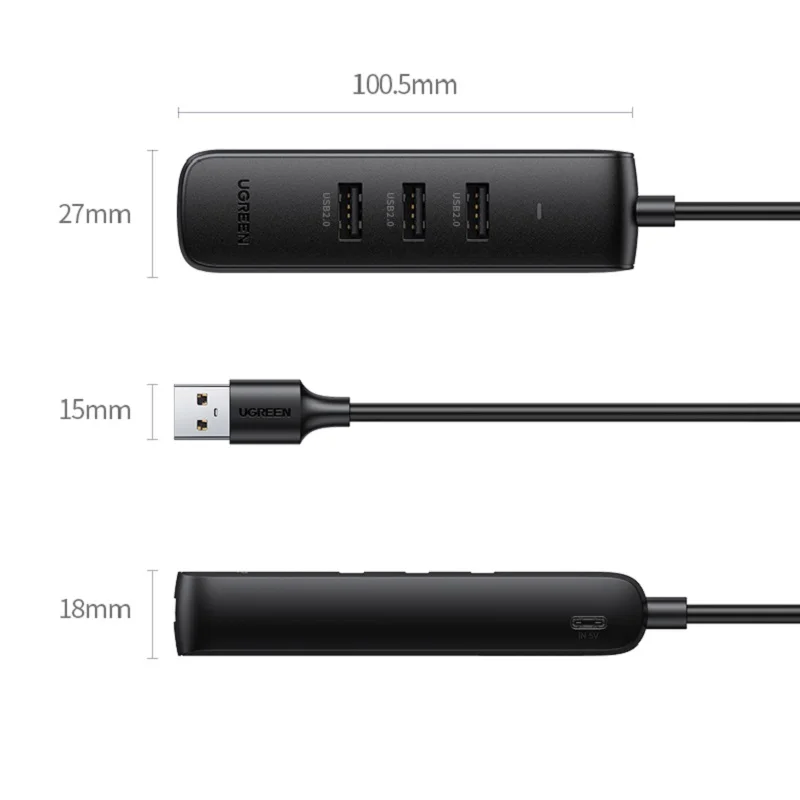 Адаптер Ugreen USB к Ethernet с USB2.0HUB, 3-портовый сетевой адаптер RJ45, линейный адаптер для сетевого интерфейса Macbook