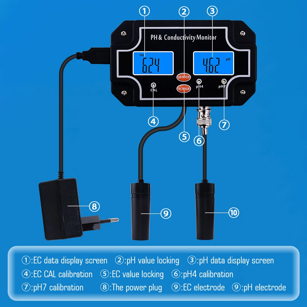 yieryi Digital Online PH/EC Conductivity Monitor Meter Tester Water Quality Continuous Monitoring for Fish Tank Aquarium